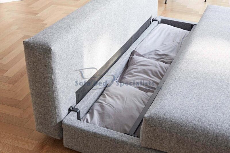 Sydney Storage Queen Size Sofa Bed opened up with cushions inside storage space