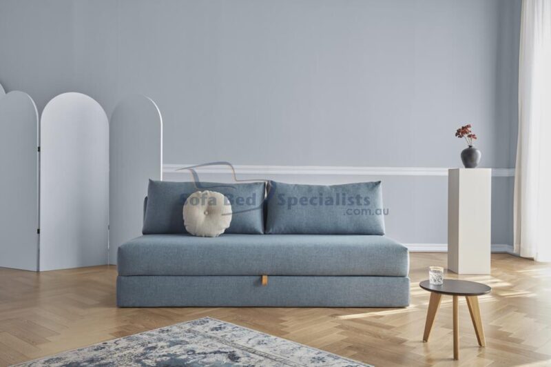 Sydney Storage Queen Size Sofa Bed with round cushion on timber floors
