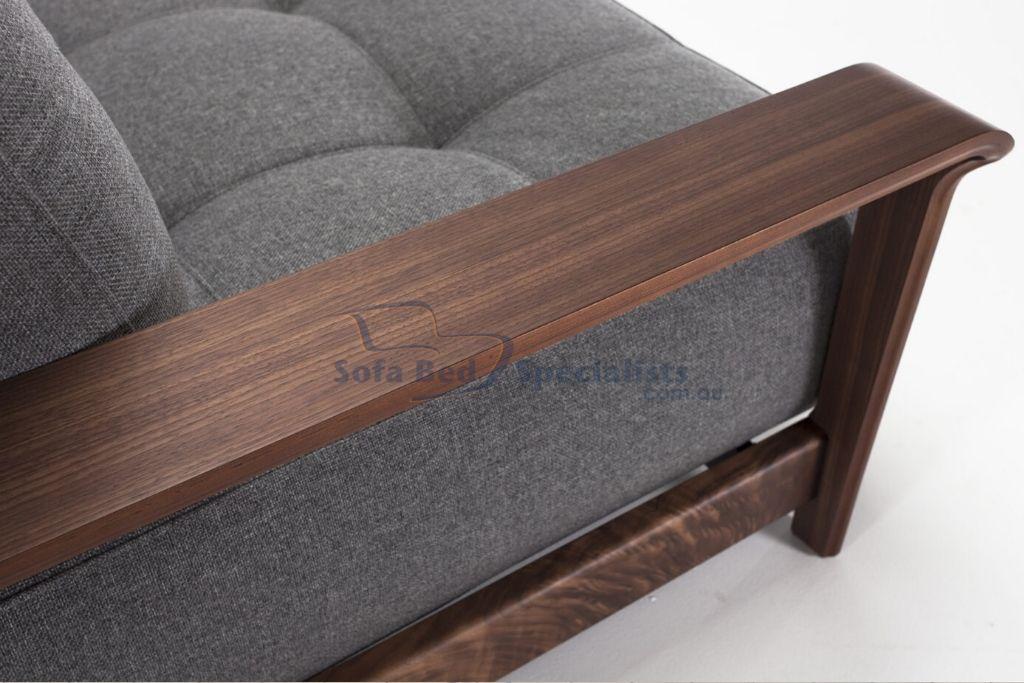 Close up of Walnut Arms on Ran Queen Size Sofa Bed